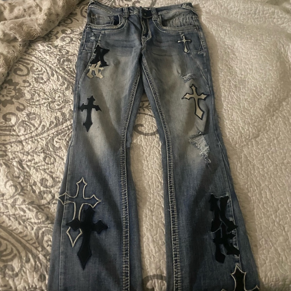 Designer Flare Jeans with Cross Accents